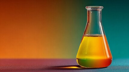 Vibrant Chemical Analysis: A close-up shot of a transparent flask containing a gradient of vibrant, colorful chemical solution in a laboratory setting.