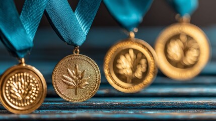 Shining Medals: A close-up shot of four gold medals suspended by elegant blue ribbons, each medal showcasing intricate leaf designs. A symbol of achievement and honor.