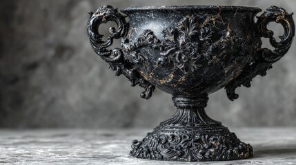 Ancient Vessel: An elegant, detailed shot of an antique chalice, exuding a sense of history and artistry with intricate engravings and rich textures, sitting against a simple, textured background.