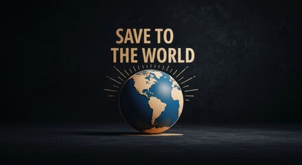 A dark-toned 3D rendering of a stylized Earth globe with "SAVE TO THE WORLD" text above it, accented by sunburst rays