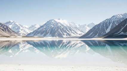 고요한 호수에 비친 눈 덮인 산맥 풍경