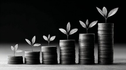 Growing Investment: Concept depicting financial growth. Stacks of coins are shown, each topped with a small growing plant.