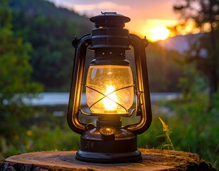 A vintage, lit oil lamp sits on a tree stump, with a blurred natural background of trees, lake, and setting sun