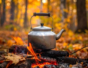 A vintage metal kettle sits atop a crackling campfire, flames licking the base against a backdrop of autumnal, blurred foliage