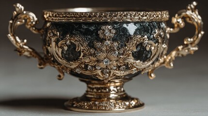 Golden Goblet: A captivating close-up showcases an opulent golden goblet, adorned with intricate floral and scroll designs. The elegant craftsmanship reflects a sense of luxury and timeless beauty.