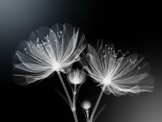 Black and white xray image of dandelion flowers on a dark background