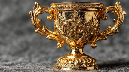 Golden Trophy of Victory: A close-up shot of a meticulously crafted gold trophy, symbolizing achievement and reward, gleaming against a textured backdrop.