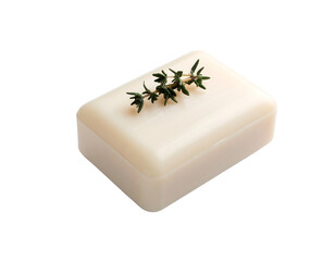 A bar of white soap with a sprig of thyme on top.