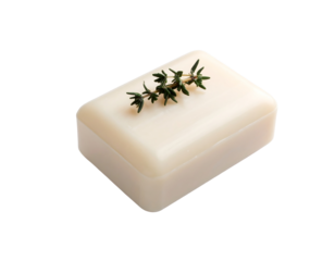 A bar of white soap with a sprig of thyme on top.