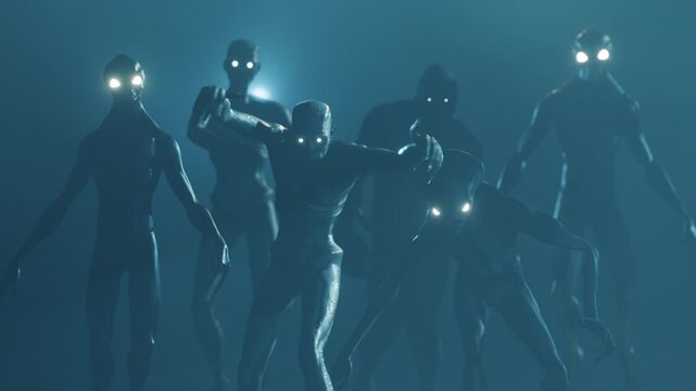 Monsters Ghouls with glowing eyes Emerging out of mist and darkness CGI Animation Footage