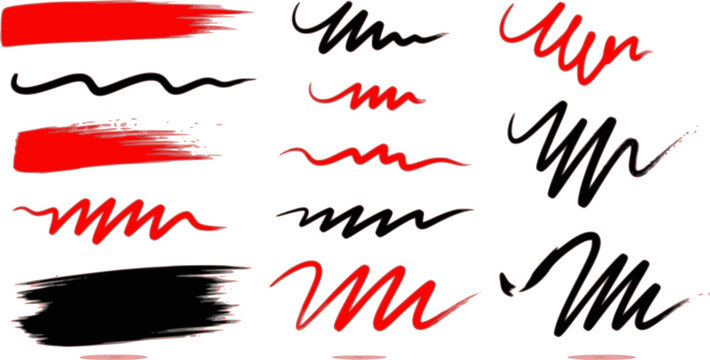 Red and Black marker underline brush stroke set. Marker red pen highlights squiggle stroke. Vector swoosh brush handwritten underline set for accent, pencil emphasis element. Vector illustration.