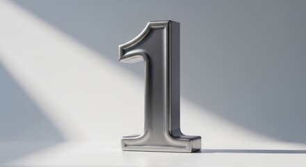 A metallic number one, 3D-rendered, sits on a white background, illuminated by a single light source