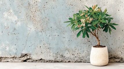 The Resilient Essence: A thriving plant finds its home in a minimalist pot, thriving against the textured backdrop of a weather-beaten wall.
