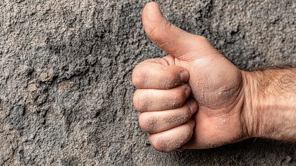 Thumbs Up: A close-up shot of a human hand giving a thumbs-up gesture, symbolizing approval, positivity, and agreement. The hand is positioned against a textured surface, possibly a wall.