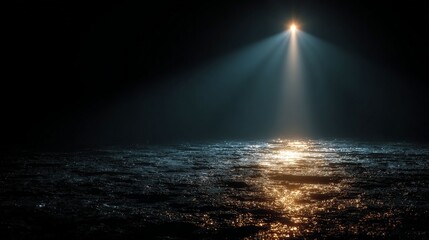 Light in the Darkness: A beacon of hope pierces the darkness, casting a beam of light upon a vast, tranquil ocean surface, symbolizing guidance, faith, and the triumph of illumination.
