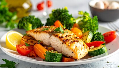 Gegrilles Fischfelt mit buntem Gem&uuml;se