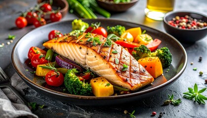 Gegrilles Fischfelt mit buntem Gem&uuml;se