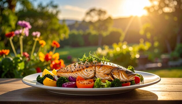 Gegrilles Fischfelt mit buntem Gem&uuml;se