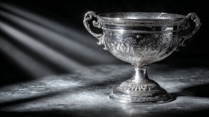 Elegant Trophy in the Spotlight: A finely crafted silver trophy is showcased against a dark and moody background. the exquisite details of the trophy are highlighted by dramatic lighting.