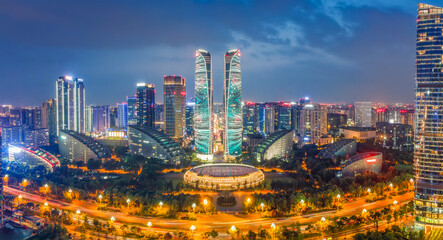 Obraz premium Night Aerial View of Modern Skyscrapers