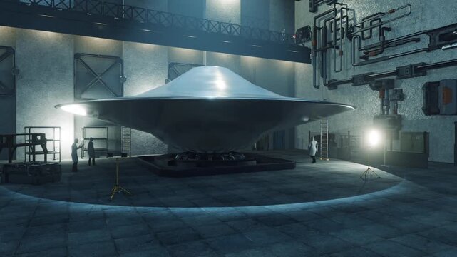 Alien Flying Saucer UFO UAP inside of a secret base CGI Animation Concept