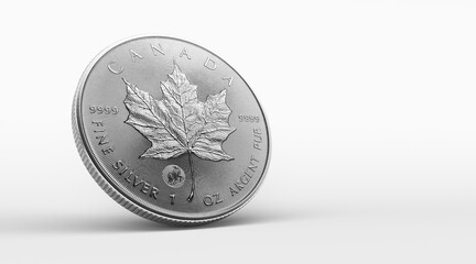 Canadian Silver Maple Leaf bullion coin standing on edge on white background, 3d re constructed rendering
