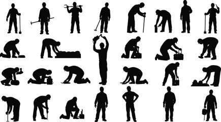 Large set of construction workers silhouettes, men in hard hats holding tools like shovels and carrying boxes, building, industry and manual labor concept, vector illustration © MstShefaly