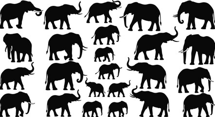 Large set of twenty black elephant silhouettes in various walking, standing, and trunk-up poses, representing African wildlife, safari animals, conservation, and powerful mammals vector. © MstShefaly