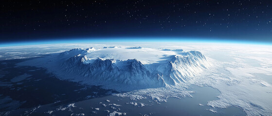 Above the cold mountain peaks, covered in ice, looms the threat of glacier melt due to the climate crisis, which will emphasise the drama of the atmospheric backdrop for environmental presentations.
