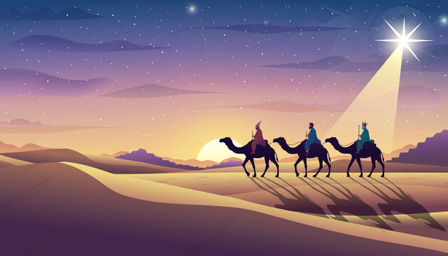 Siluetas de los tres Reyes Magos y sus camellos cruzando el desierto, guiados por una gran estrella brillante bajo un cielo nocturno y m&aacute;gico.
