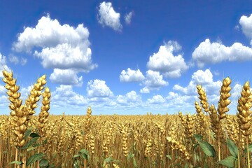 Golden wheat field under a bright blue sky filled with white clouds
