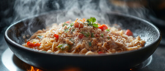 Fragrant Asian noodles with vegetables and spices, steaming above a hot pot, create an appetising image that can be used as an atmospheric backdrop in culinary blogs.