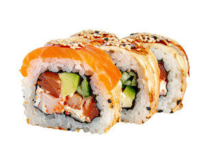 Delicious Salmon and Eel Sushi Rolls with Sesame Seeds. © burhan