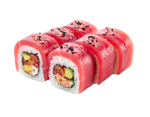 Delicious Tuna Sushi Roll with Avocado and Sesame Seeds.