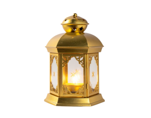 A beautiful golden lantern with a lit candle inside isolated on a white background.
