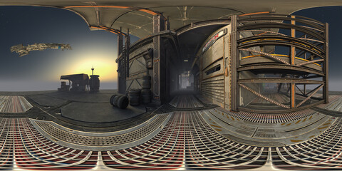 Futuristic sci-fi black market &ndash; 360&deg; VR game environment, 3d rendering