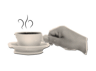 Male hand holding tea cup with Steam, Coffee Break Concept in Pop Art Halftone Style Isolated on White