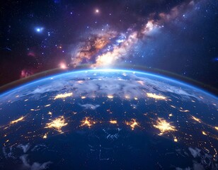 Vivid view of Earth with city lights against a bright galaxy