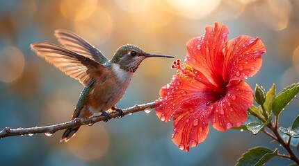 Hummingbird flying near red flower