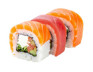 Delicious Salmon and Tuna Sushi Rolls on White Background. © burhan