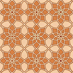 Fototapeta premium Seamless Islamic geometric floral pattern with interlocking arabesque motifs in warm ochre tones.