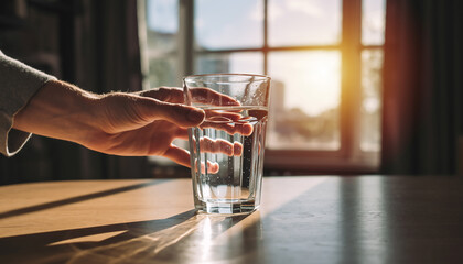 窓辺で水が入ったグラスを手に取る手元、上部に広いコピースペースがある健康とリフレッシュの背景素材