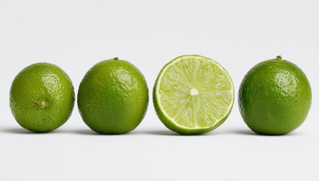 Fresh green limes with textured, glossy rinds and one lime sliced in half revealing juicy, translucent pale green pulp and seeds