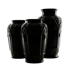Three Elegant Black Ceramic Vases With Intricate Gold Detailing 