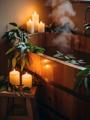 Luxury spa relaxation with wooden bathtub, candles, and eucalyptus, tranquil and cozy