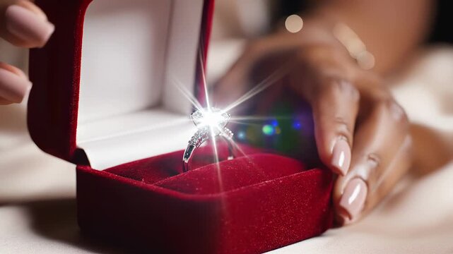 Woman's hands opening a red velvet box to reveal a sparkling diamond engagement ring. A romantic marriage proposal surprise. Valentine's Day gift concept