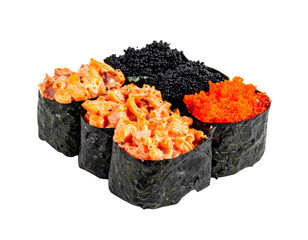 Assortment of Spicy Tuna and Salmon Gunkan Maki Sushi Rolls.