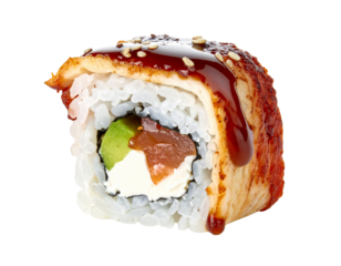 Delicious Unagi Sushi Roll with Cream Cheese and Avocado.