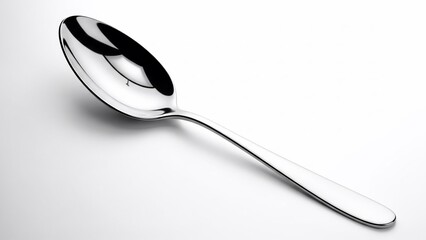 A silver spoon lies on a white surface, reflecting light and shadows.