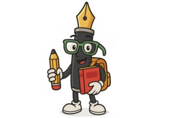 Fountain pen cartoon character student going to school